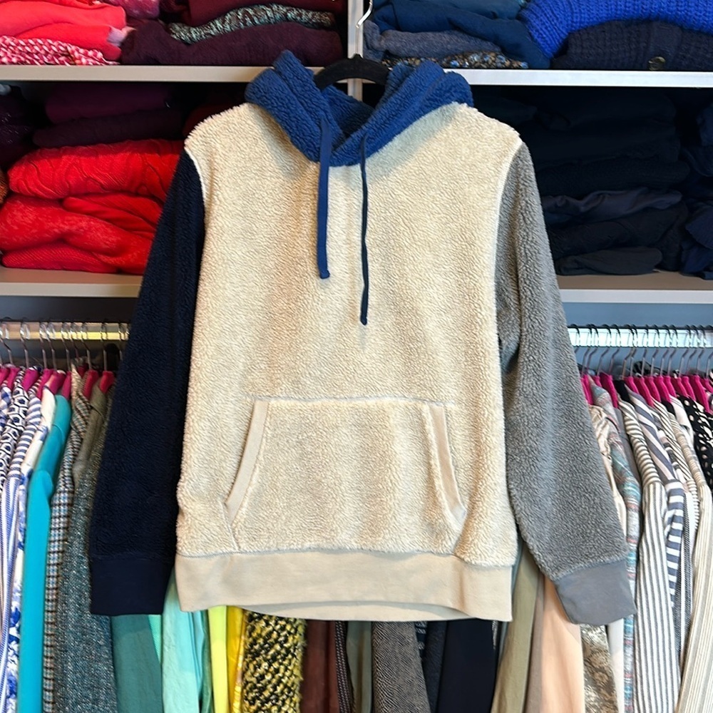 American Eagle beige/blue/black/gray colorblock fleece hoodie size M​